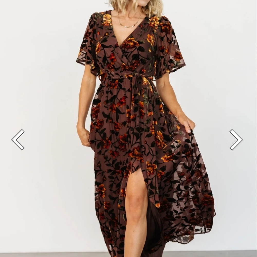Baltic Born Brown Velvet Floral Maxi Dress with Gold & Orange Accents